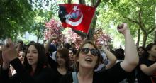 High school students chant slogans during a protest at Gezi Park