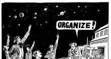 Illustration showing anarchists, socialists, communists and others pointing at the sky while someone yells, "organize!"