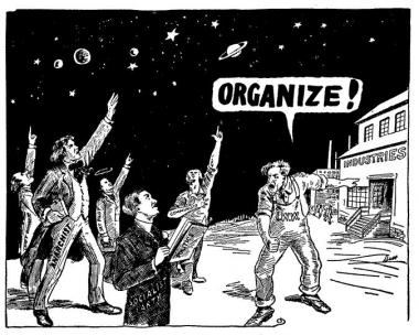 Illustration showing anarchists, socialists, communists and others pointing at the sky while someone yells, "organize!"